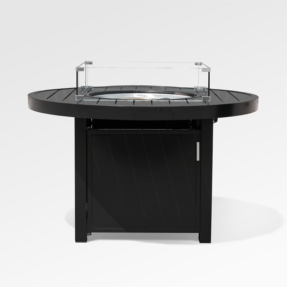 Runder Outdoor-Feuertisch aus schwarzem Aluminium mit Windschutz und Abdeckung