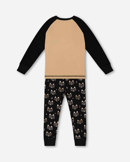 Organic Cotton Two Piece Pajama Set Black Printed Fox