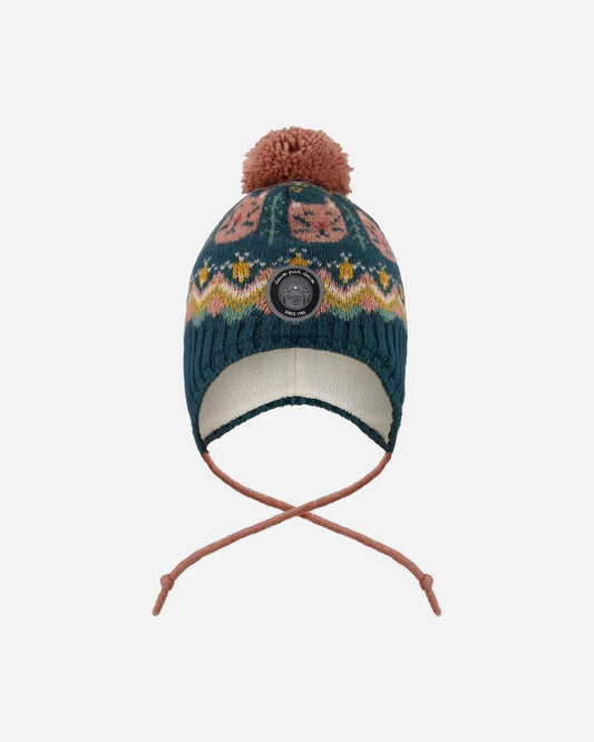 Lined Peruvian Knit Pompom Hat Green And Pink