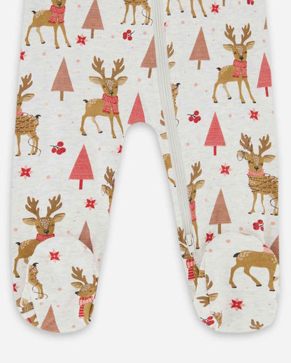 One-Piece Organic Cotton Pajama Beige Girly Reindeer Print
