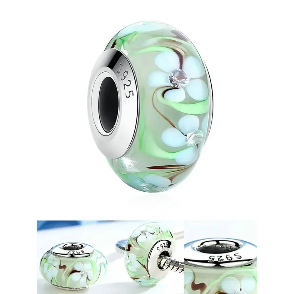 925 Sterling Silver Pink Flower Murano Glass Beads - Diy Bracelet Charms For A Festive Touch (Scz001)