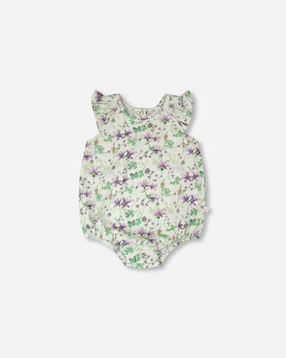 Jersey Romper Green Printed Flowers