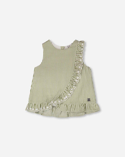 Top Green & Off White Stripes With Embroidered Ruffle