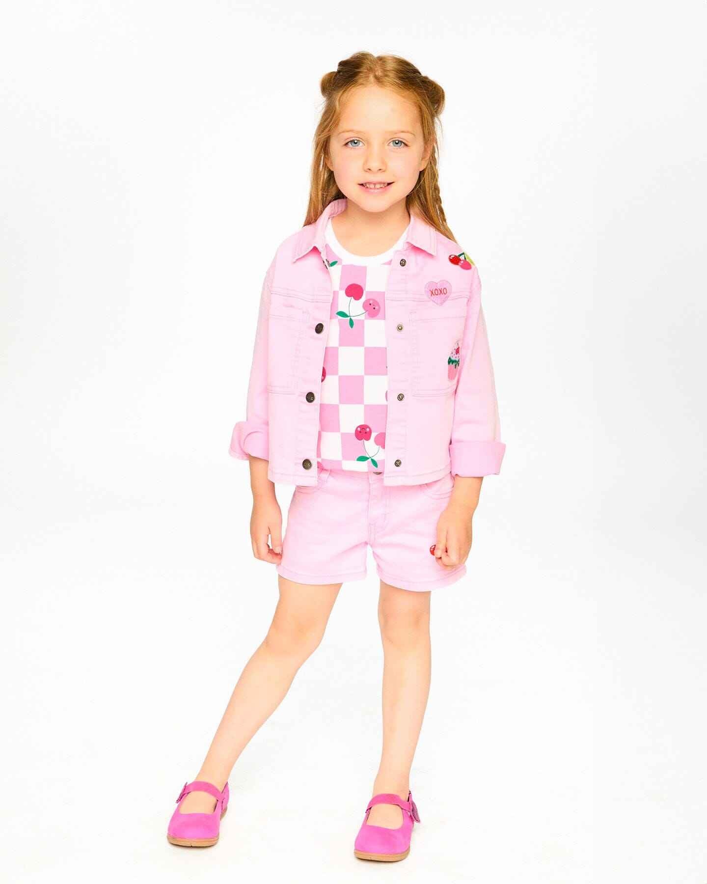 Pink Denim Jacket With Embroidered Patches