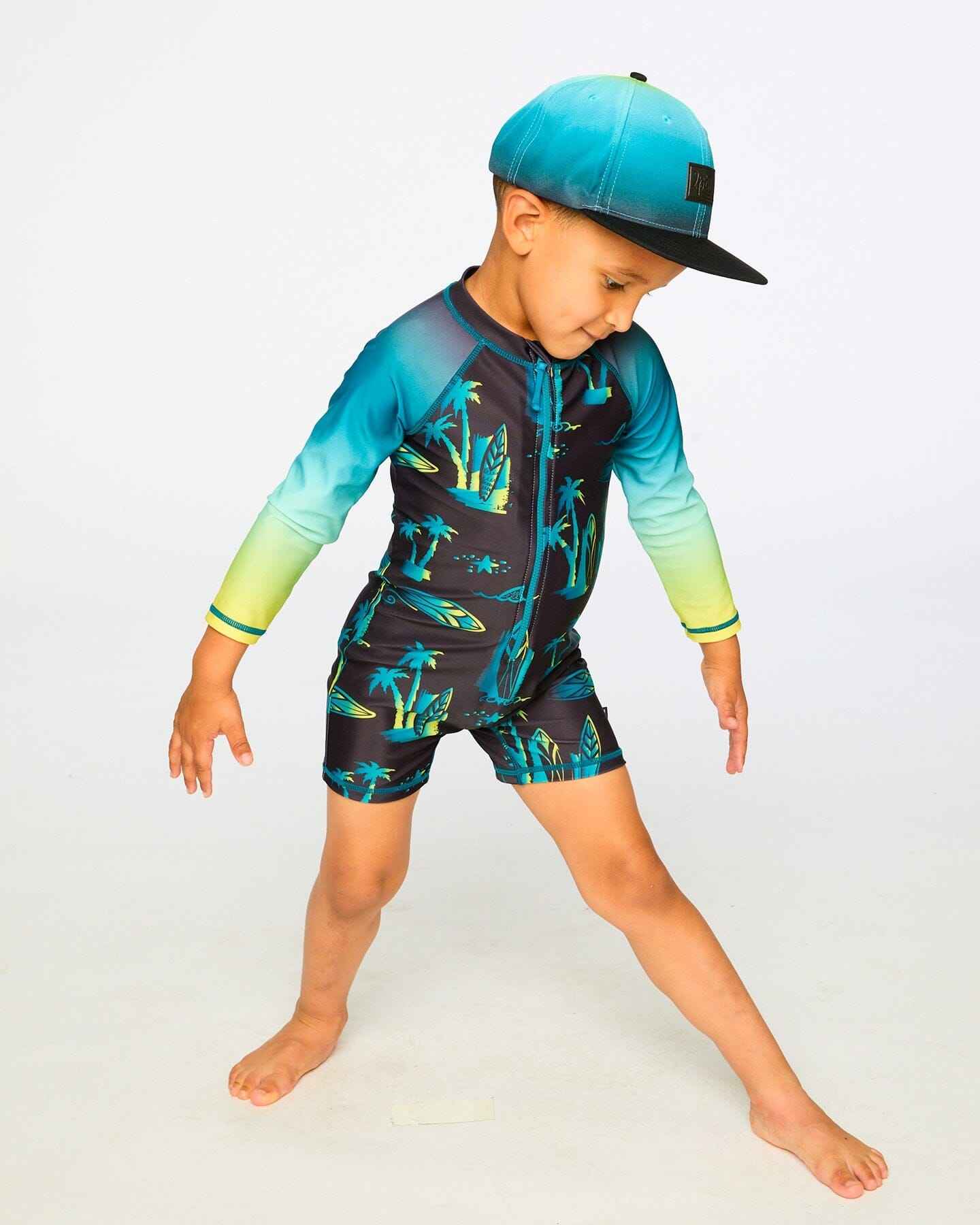 One-Piece Long Sleeve Rashguard Black Surf Print
