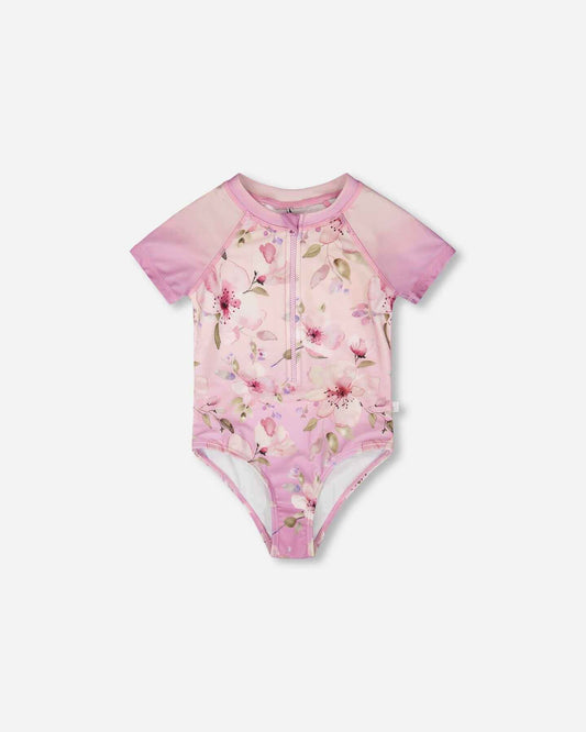 One-Piece Swimsuit Purple Flower Print