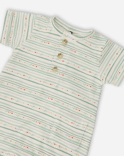 Organic Cotton Romper White Printed Mint Green Lines