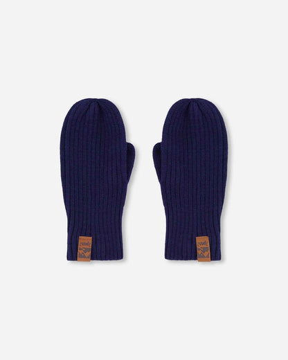 Ribbed Knit Mittens Navy Blue