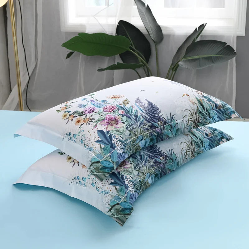Wild Whimsy 600 TC Blumen Baumwoll-Bettwäsche-Set – Weiß/Aqua