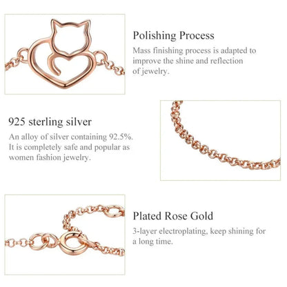925 Sterling Silver Cat Heart Chain Bracelet
