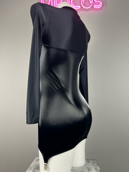 Gothic Long Sleeves Spandex Leather Garter Belt Tight Party Dress Lingerie