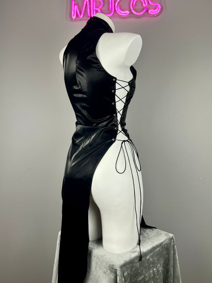 Vintage PU Leather Satin Cheongsam Lingerie Sexy Party Dress Costume
