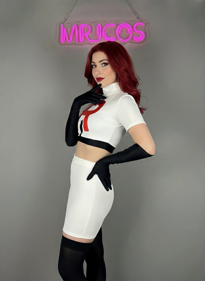 Anime Team Rocket Spandex Leather Cosplay Costume Set with Gloves and Skirt
