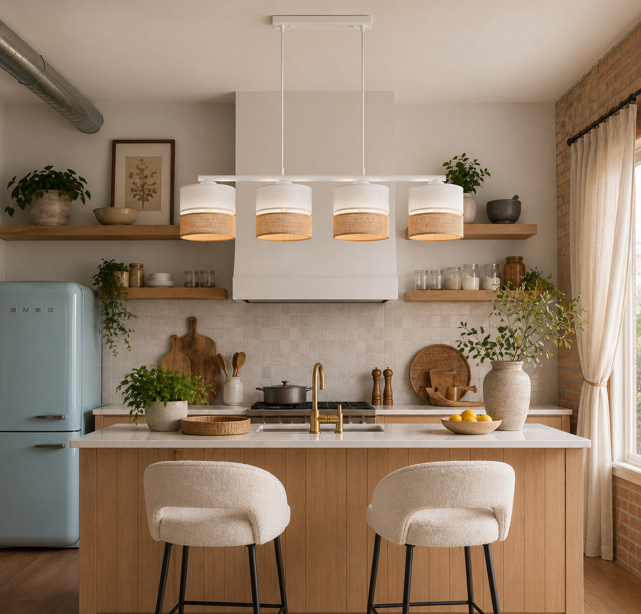 Linobianco 4-Light Linear Pendant with Linen & Jute Shades for Kitchen Island & Dining Table - AURABAGS SHOP