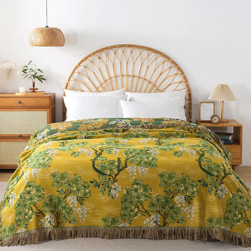 Boho-Decke/Plaid „Wild Garden“ aus Baumwolle – Senf/Grün
