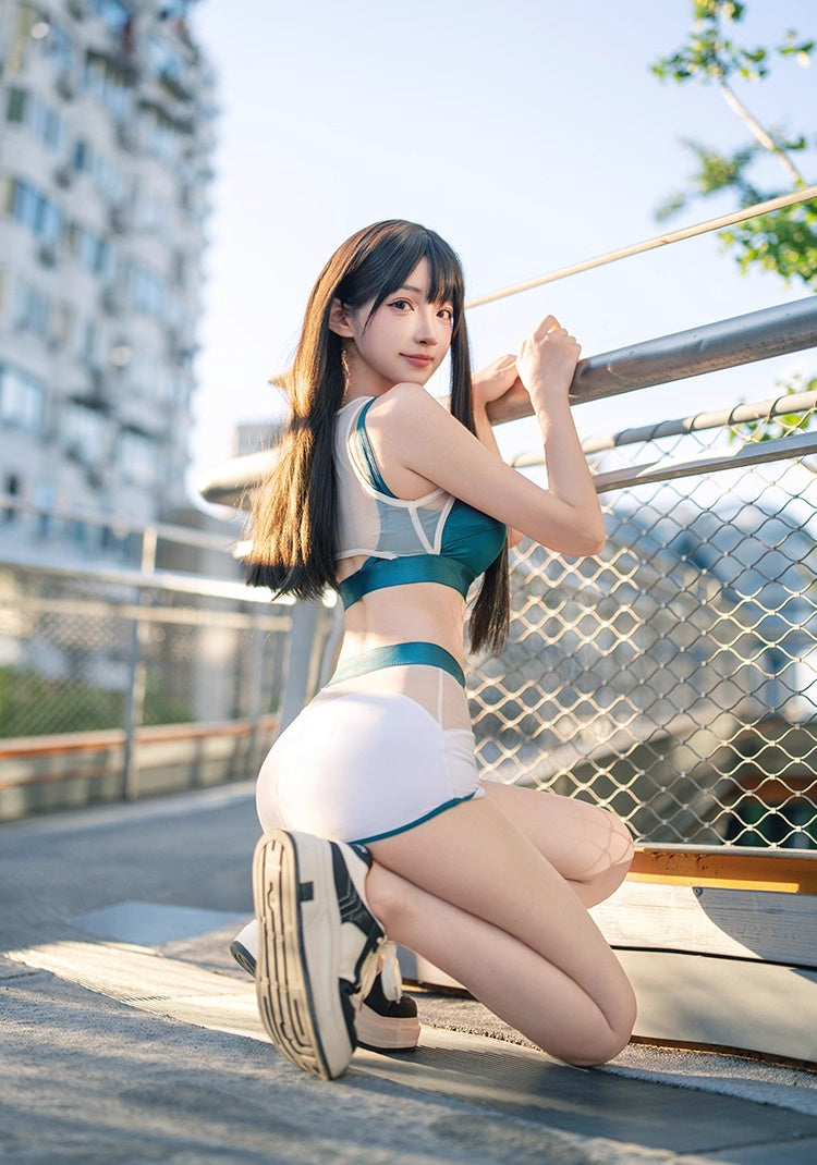 Anime Style Short Gymnastics Uniform Sheer Mesh Volleyball Sports Activewear