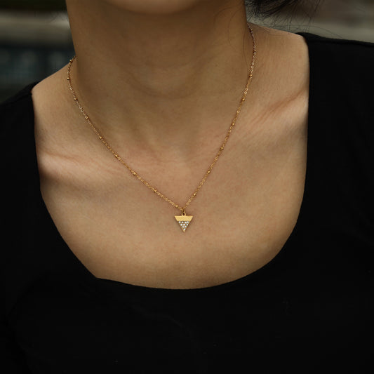 URIKA Beaded Chain Necklace with  Zirconia Pavé Triangle Pendant in Gold