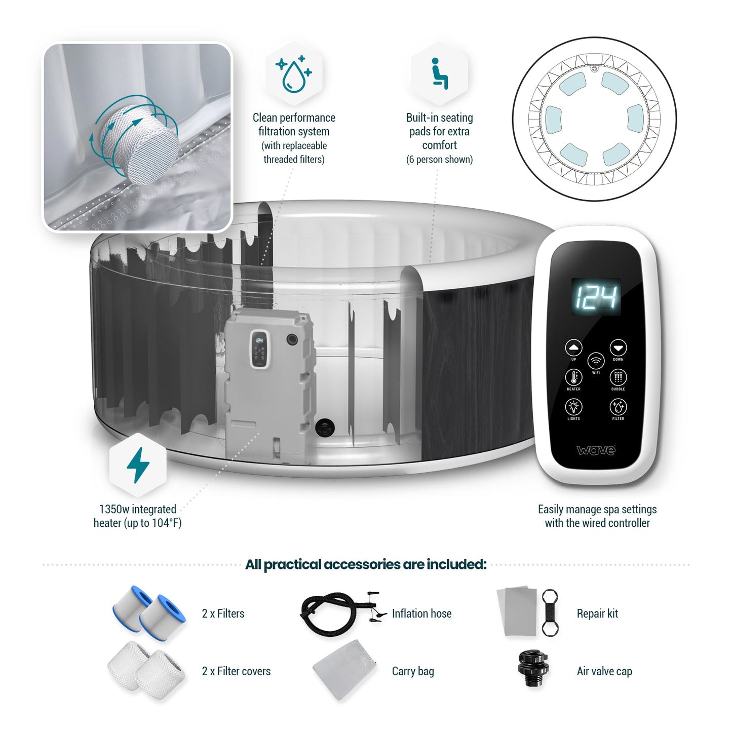Wave | Atlantic | Aufblasbarer Whirlpool für 4–6 Personen | Rund | Integrierte Heizung