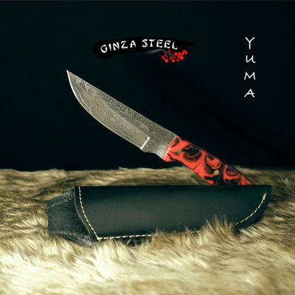 YUMA Damaszener Skinner Messer 5 Zoll Klinge mit originaler Rindslederscheide