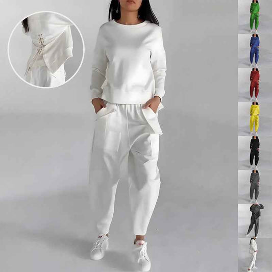 Fashion Women's Lounge Set – Solid Color Pullover Top and Wide Leg Trousers