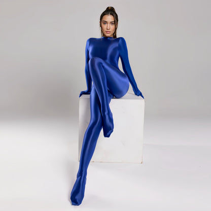 Spandex Nylon Full Bodysuit Zentai Shinny Cosplay Jumpsuit Attached Gloves