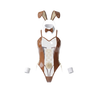 Bunny Girl PU Leather See Through Cosplay Bodysuit Costume Lingerie