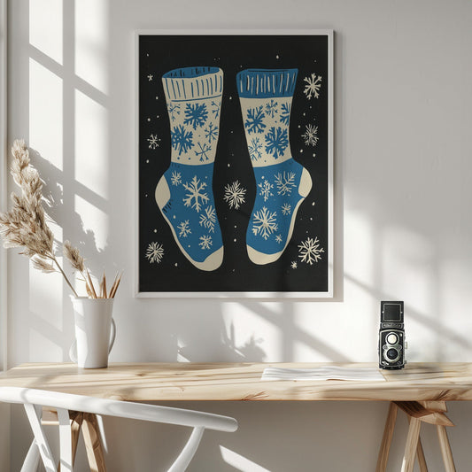 Wandbild Vintage Socken Strickwaren Blau Auf Schwarz Leinwandbild