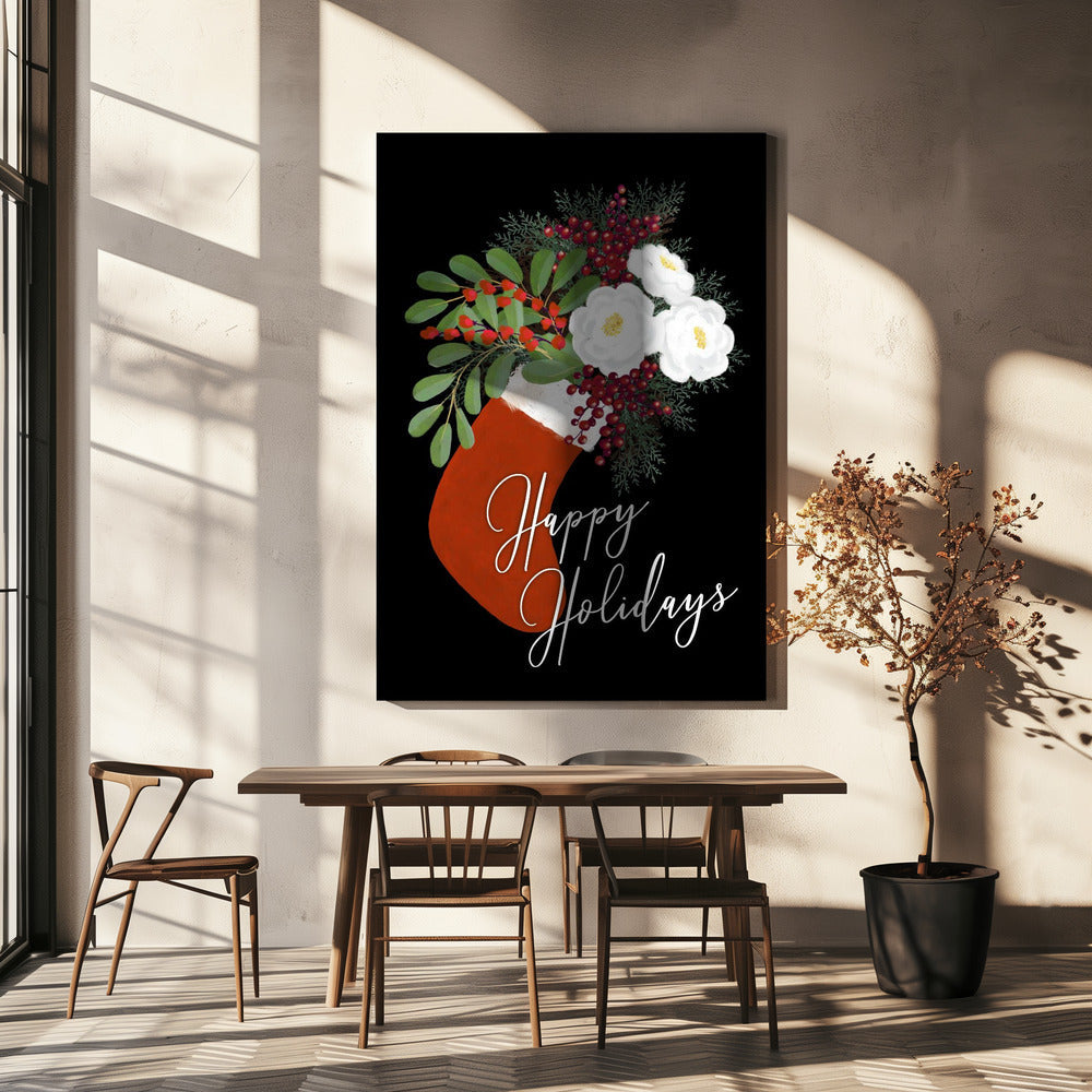 Wandbild Blumen Strumpf Frohe Feiertage in Schwarz Leinwandbild