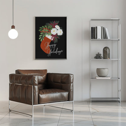 Wandbild Blumen Strumpf Frohe Feiertage in Schwarz Leinwandbild