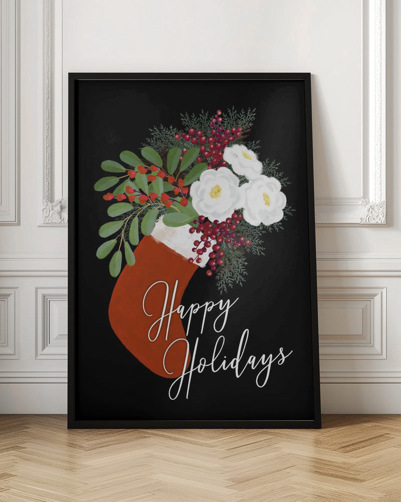 Wandbild Blumen Strumpf Frohe Feiertage in Schwarz Leinwandbild