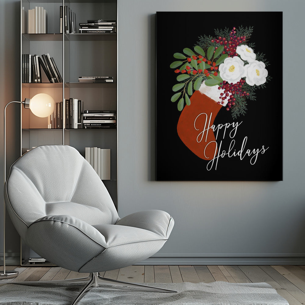 Wandbild Blumen Strumpf Frohe Feiertage in Schwarz Leinwandbild