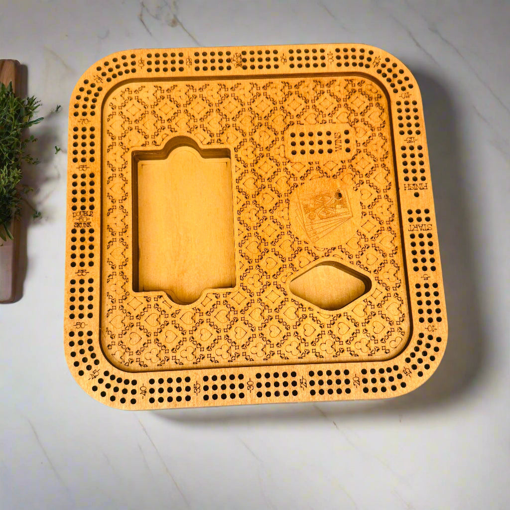 10" Square Wooden Cribbage Board with Storage – Engraved Keepsake Game Set