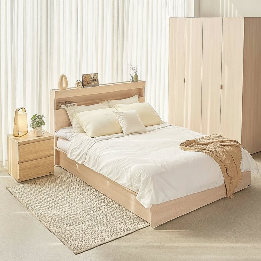 Vienna Wooden Bed with Storage Drawers & Integrated Power Outlets (Natural Wood)